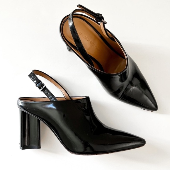 ROBERT CLERGERIE Kyra Spazzolato Slingback Patent Leather Mule Heels Black 7.5